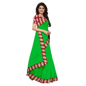 green plain Chanderi Cotton Kalamkari  saree with blouse 3