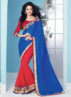 Royal blue embroidered georgette saree with blouse 1