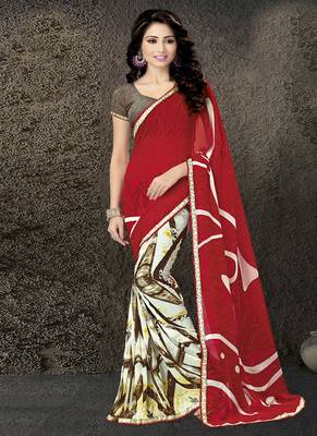 Red printed georgette saree with blouse 1