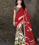 Red printed georgette saree with blouse