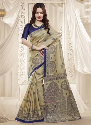 Beige printed art silk blend saree with blouse 1
