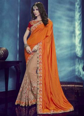 Orange embroidered silk blend saree with blouse 1
