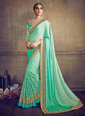 Sea green embroidered chiffon saree with blouse 1
