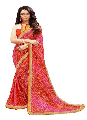 Red printed georgette saree with blouse 1