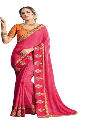Magenta embroidered silk blend saree with blouse 1