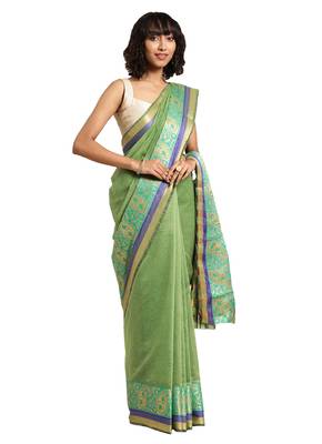 Kimisha Women's Mahendi Green Jacquard Cotton Silk Saree With Designer Pallu 1