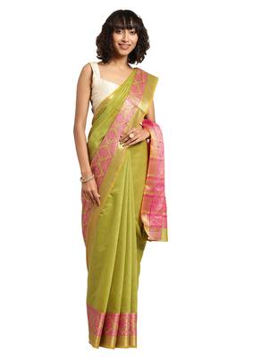 Kimisha Women's Green Jacquard Cotton Silk Saree With Designer Pallu 1