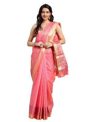 Kimisha Women's Peach Jacquard Cotton silk blend Saree With Designer Pallu 1