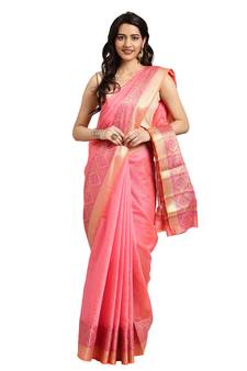 Kimisha Women's Peach Jacquard Cotton Silk Saree With Designer Pallu