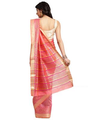 Kimisha Women's Peach Jacquard Cotton silk blend Saree With Designer Pallu 2