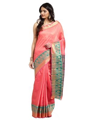 Kimisha Women's Peach Jacquard Cotton Silk Saree With Designer Pallu 1