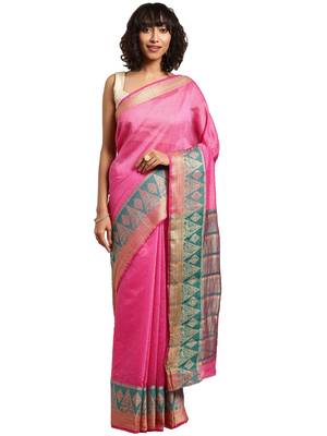 Kimisha Women's Pink Jacquard Cotton Silk Saree With Designer Pallu 1