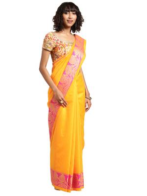 Kimisha Women's Yellow Jacquard Cotton Silk Saree With Designer Pallu 1