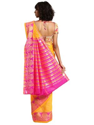 Kimisha Women's Yellow Jacquard Cotton Silk Saree With Designer Pallu 2