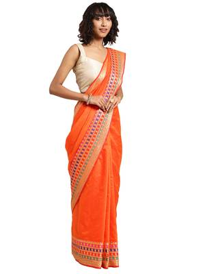 Kimisha Women's Orange Jacquard Cotton Silk Saree With Designer Pallu 1