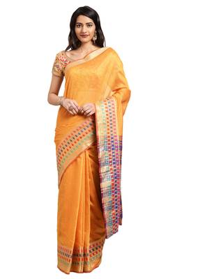 Kimisha Women's Yellow Jacquard Cotton Silk Saree With Designer Pallu 1