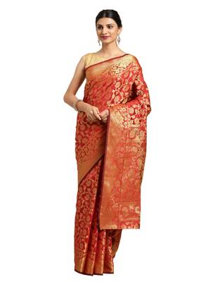 Kimisha Women's Red Jacquard Banarasi Silk Saree With Rich Pallu 1