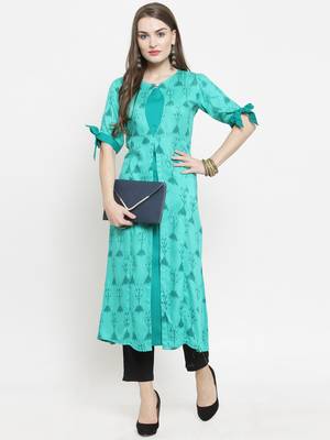 Turquoise woven rayon kurtas-and-kurtis 1
