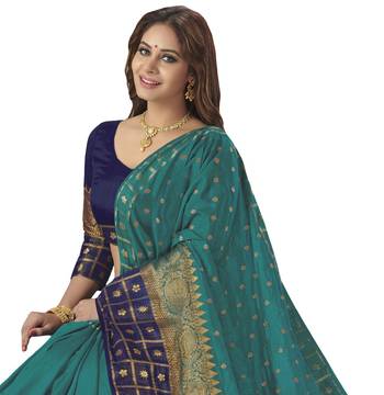  green woven silk saree with blouse 2