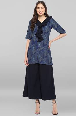 Janasya Janasya Women's Blue Poly Crepe Ruffle Short Kurta With Palazzo 1