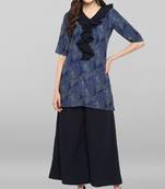 Janasya Janasya Women's Blue Poly Crepe Ruffle Short Kurta With Palazzo