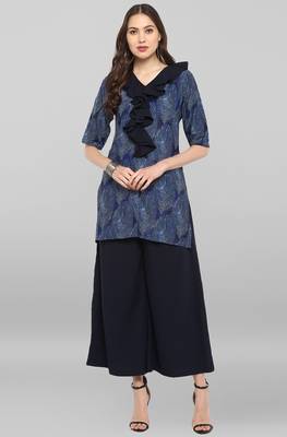 Janasya Janasya Women's Blue Poly Crepe Ruffle Short Kurta With Palazzo 2
