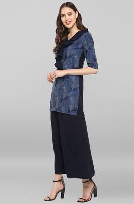 Janasya Janasya Women's Blue Poly Crepe Ruffle Short Kurta With Palazzo 3