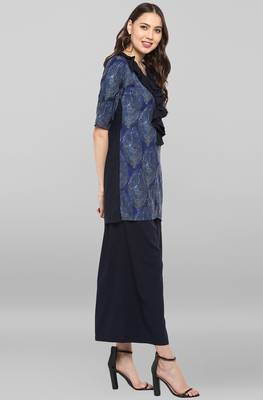 Janasya Janasya Women's Blue Poly Crepe Ruffle Short Kurta With Palazzo 4