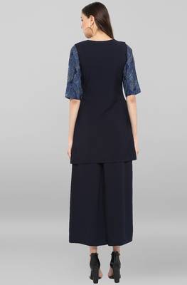 Janasya Janasya Women's Blue Poly Crepe Ruffle Short Kurta With Palazzo 5