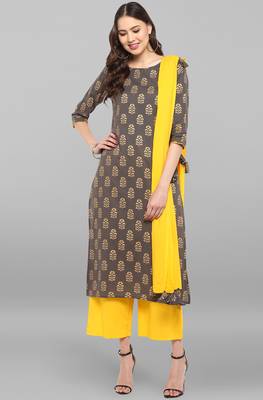 Janasya Janasya Women's Grey Cotton Kurta With Pant And Dupatta 1