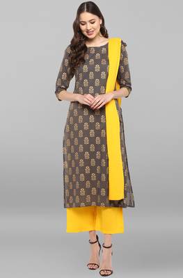 Janasya Janasya Women's Grey Cotton Kurta With Pant And Dupatta 2