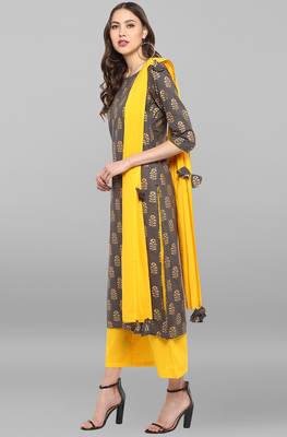Janasya Janasya Women's Grey Cotton Kurta With Pant And Dupatta 3
