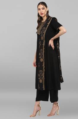Janasya Janasya Women's Black Rayon Kurta With Pant And Dupatta 3