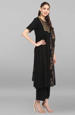 Janasya Janasya Women's Black Rayon Kurta With Pant And Dupatta 4