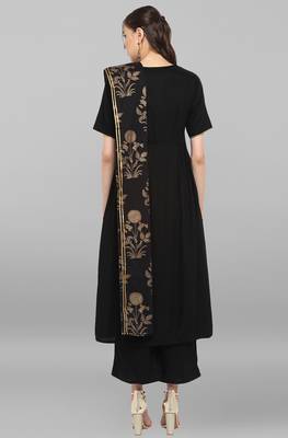 Janasya Janasya Women's Black Rayon Kurta With Pant And Dupatta 5