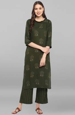Janasya Janasya Women's Dark Green Rayon Kurta With Pant 1