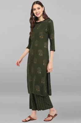 Janasya Janasya Women's Dark Green Rayon Kurta With Pant 3