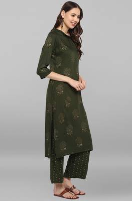 Janasya Janasya Women's Dark Green Rayon Kurta With Pant 4