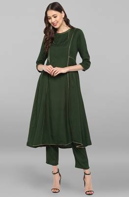 Janasya Janasya Women's Dark Green Rayon Slub Kurta With Pant 1