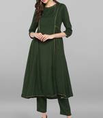 Janasya Janasya Women's Dark Green Rayon Slub Kurta With Pant