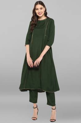 Janasya Janasya Women's Dark Green Rayon Slub Kurta With Pant 2