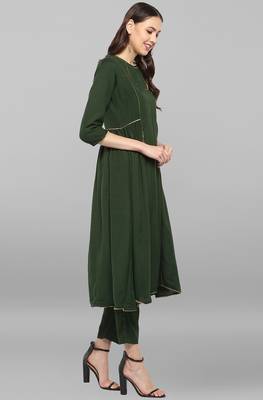 Janasya Janasya Women's Dark Green Rayon Slub Kurta With Pant 4