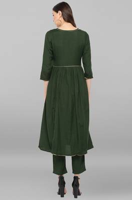 Janasya Janasya Women's Dark Green Rayon Slub Kurta With Pant 5
