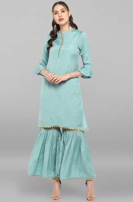 Janasya Janasya Women's Sea Green Rayon Slub Kurti With Sharara 1