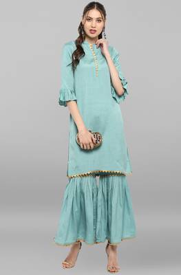 Janasya Janasya Women's Sea Green Rayon Slub Kurti With Sharara 2