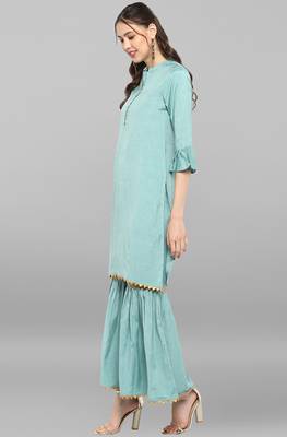 Janasya Janasya Women's Sea Green Rayon Slub Kurti With Sharara 3
