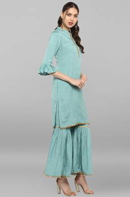 Janasya Janasya Women's Sea Green Rayon Slub Kurti With Sharara 4