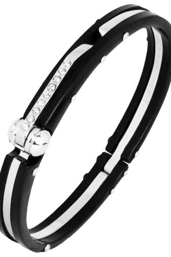 Mens Black Fibre CZ Stainless Steel Oval Openable Kada Bracelet