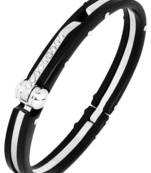 Mens Black Fibre CZ Stainless Steel Oval Openable Kada Bracelet