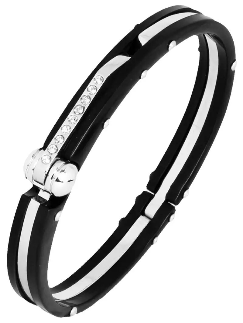 Mens Black Fibre CZ Stainless Steel Oval Openable Kada Bracelet